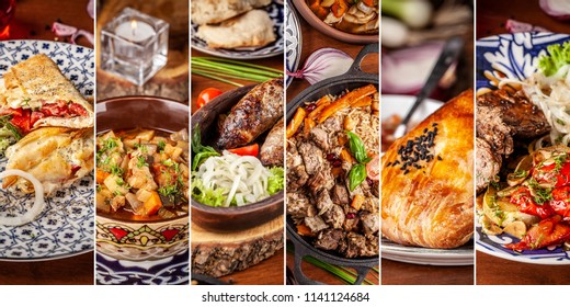 The concept of Traditional Eastern, Asian. Arabic cuisine. Seth from different dishes. background image.