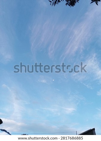 The concept of tranquility and peace with the moon visible before nightfall in nature. 