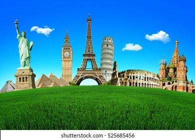 Concept of travel. Green field with the wonders of the world. Around The World Tours