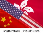 Concept of Trilateral relationship between China, Honk Kong and USA showing with Flags.