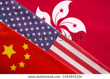 Concept of Trilateral relationship between China, Honk Kong and USA showing with Flags.