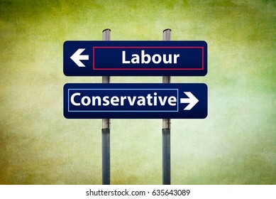 Concept Of Two Road Signs Representing Labour And Conservative Parties In Uk Early Elections In June