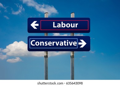 Concept Of Two Road Signs Representing Labour And Conservative Parties In Uk Early Elections In June