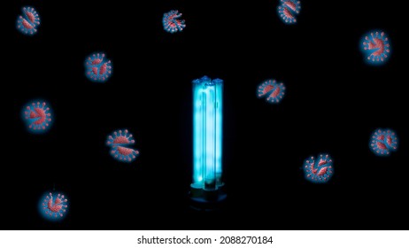 Concept Of The Ultra Violet Light Disinfectant Effect. Lamp Of UVC Killing Virus .