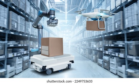 Concept of unmanned automated warehouse with robots and drones. Smart Industry 4.0 - Powered by Shutterstock