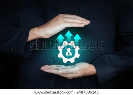 Concept of Upskill and Reskill, Improving productivity and staff performance; Hand of business man with business icon
