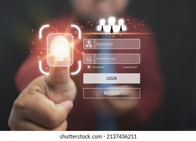 Concept Of User And Password Of Login, Cyber Security, Keeping User Personal Data Safe. Access To Private Information On The Internet Online. Businessman Uses A Fingerprint Scan Of Login.
