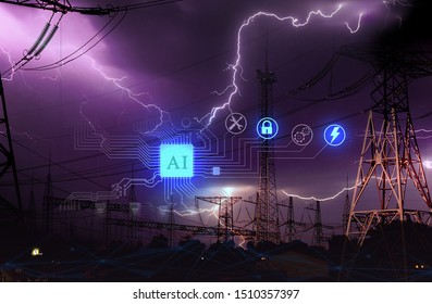 The concept of using artificial intelligence to protect high-voltage power substations during thunderstorms and lightning strikes for uninterrupted electrification of the population - Powered by Shutterstock - Get 15% off with code: PIKWIZARD15