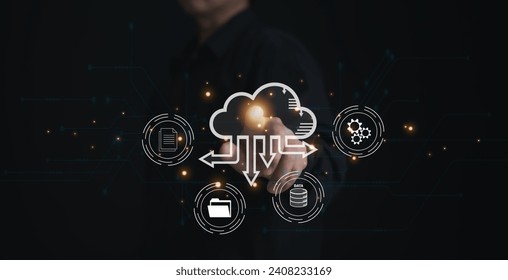Concept of using cloud computing to store data : Business man using laptop for cloud computing to store important data such as big data , financial and banking , digital marketing by global internet.	