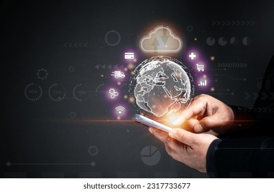 The concept of using cloud storage. Various data collection, big data through cloud computing, working online using a global network, medical, engineering, industry, finance.