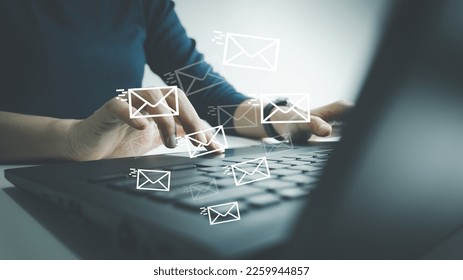 Concept of using digital media, technology, social media online surfing, woman's hand using laptop to use the internet, check email.