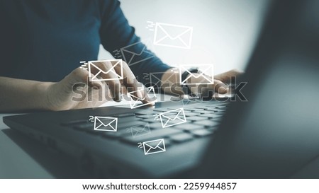 Concept of using digital media, technology, social media online surfing, woman's hand using laptop to use the internet, check email.