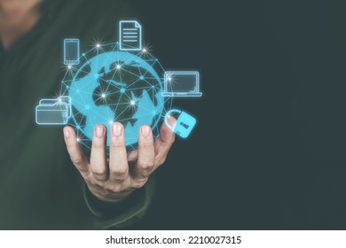 the concept of using technology to connect data to the world, business man use smartphones. online transaction on the internet Big data is used marketing payment Search information