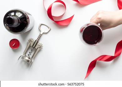 Concept Valentine Day With Wine At White Background Top View