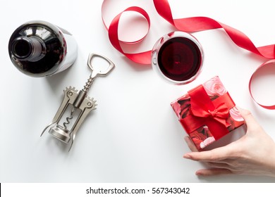 Concept Valentine Day With Wine At White Background Top View