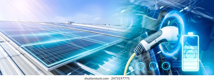 Concept of Vehicles using renewable energy station.Car charging station for charging electric car.Electric car charging on solar rooftop background,charging station future for driving - Powered by Shutterstock