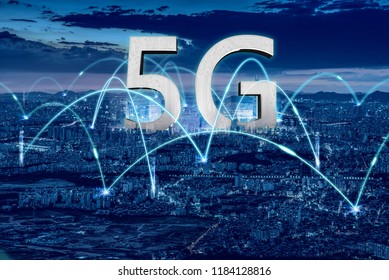 The Concept Of A Virtual City Skyline Using The 5G Network Wireless System That Becomes The Fourth Industrial Revolution, The Internet Of Things, A Smart City And A Communication Network.