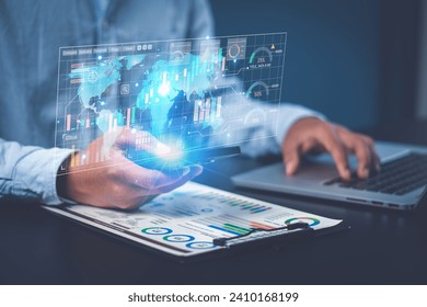 Concept of virtual dashboard technology digital marketing and global economy network connection.Business analysis big data screen and economic growth with financial graph.