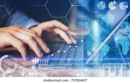 Concept of virtual diagram,graph interfaces,digital display,connections,statistics icons.Male hands typing on dock keyboard contemporary electronic tablet.Blurred background. Horizontal