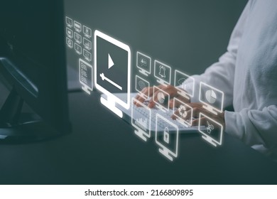 the concept of virtual screen with hands typing on the keyboard, artificial intelligence technology symbol icon, internet and networking concept. 