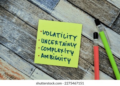 Concept of Volatility, Uncertainly, Complexity, Ambiguity write on sticky notes isolated on Wooden Table.