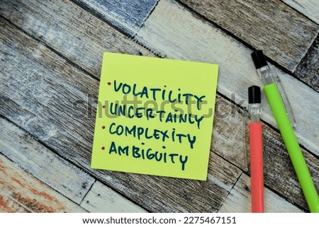 Concept of Volatility, Uncertainly, Complexity, Ambiguity write on sticky notes isolated on Wooden Table.