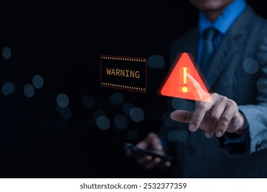 Concept of warning or alert, scam, technology crime, user finger touching warning sign about access to software, virus, dangerous cyber attack or online network hacking threat,technology security.