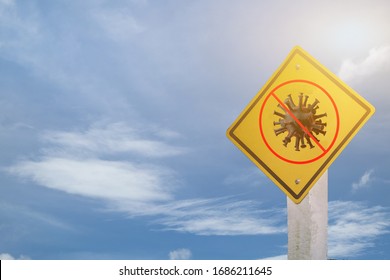 Concept warning sign, anti virus covid-19 (2019-nCoV) flowing in the bloodstream ,cell infect organism on blue sky. - Shutterstock ID 1686211645