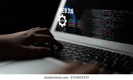 The concept of Web 3.0 development and decentralized data processing. The flow of binary code and information in the next generation internet. Motif