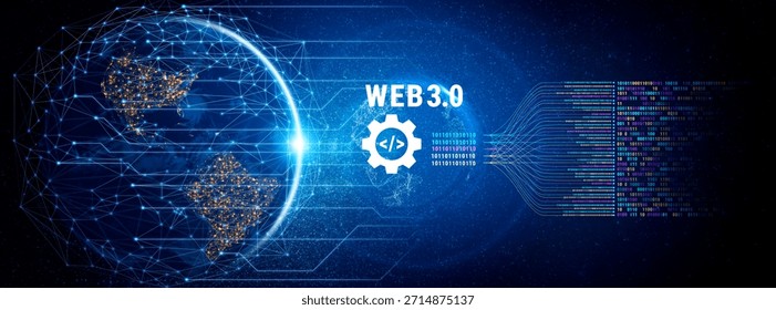 The concept of Web 3.0 development and decentralized data processing. The flow of binary code and information in the next generation internet. Motif