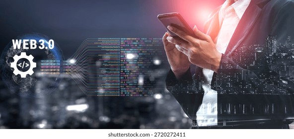 The concept of Web 3.0 development and decentralized data processing. The flow of binary code and information in the next generation internet. Motif