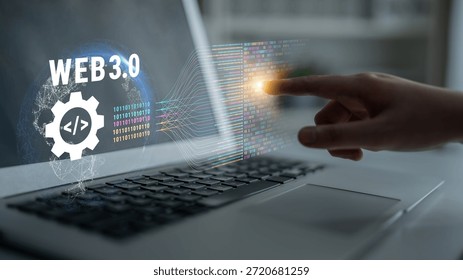 The concept of Web 3.0 development and decentralized data processing. The flow of binary code and information in the next generation internet. Motif