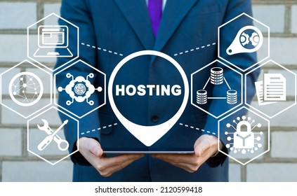 Concept Of Web Hosting. Internet Hosting, Business, Domain, Website, SEO, Data, Cloud Service, Backup, Support, Security And Maintenance.