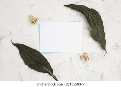 The Concept Of Wedding Invitation Cards, Dinner Invitations, Offices And Others. Blank Paper And Envelope, With White Cement Background.