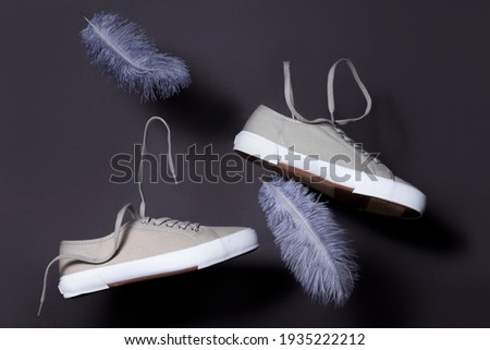 the concept of weightlessness and lightness. a pair of grey sneakers flying in the air on a dark backgroundsneakers with floating feathers