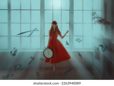Concept woman time is fleeting. Fantasy girl redhead princess holds clock in hands. Lady stands looks window waiting for love. Women's back rear view red dress magic sun light levitation number digits