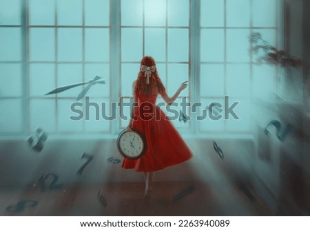 Concept woman time is fleeting. Fantasy girl redhead princess holds clock in hands. Lady stands looks window waiting for love. Women's back rear view red dress magic sun light levitation number digits