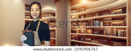 concept of a woman working in a library and a book. Bookstore. Librarian. Curator. Wide image for banners, advertisements.