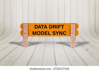 Concept words Data Drift , Model Sync , Double Dark Yellow Wooden Stick Clothespin with curved wood parquet hardwood Background , Artificial intelligence and Data Drift , Model Sync Theme