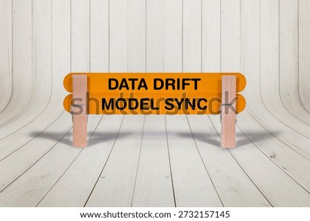 Concept words Data Drift , Model Sync , Double Dark Yellow Wooden Stick Clothespin with curved wood parquet hardwood Background , Artificial intelligence and Data Drift , Model Sync Theme