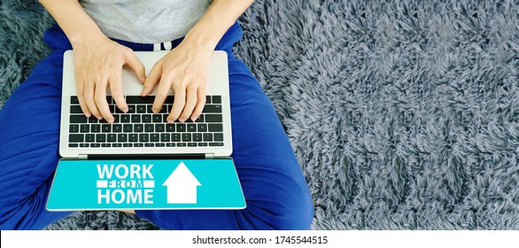 Concept Work At Home. People Are Talk And Meeting With Video Conference Work Or Shopping In The Room House. Living The Lifestyle New Normal Of Playing Laptop And Tablet By Social Distancing.