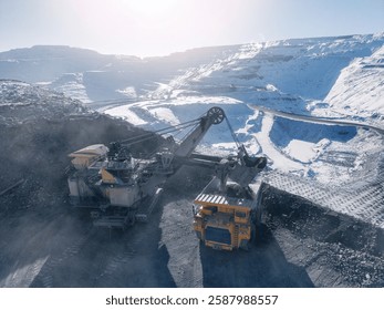Concept work mining industry process. Aerial view Open pit coal mine operations with heavy machinery truck and excavation.