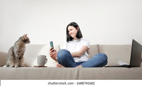 The Concept Of Working From Home - A Young Woman Was Distracted To Take A Picture Of Her Gray Cat On A Smartphone. Girl Student Freelancer Working At Home On A Task With Her Cat. 