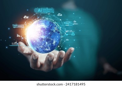 The concept of the world of business industry business man in hand showing future world space business Image from space furnished by NASA.	 - Powered by Shutterstock