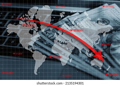 Concept Of World Economic Crisis. Graphs With A Falling Arrow On The Background Of The World Map