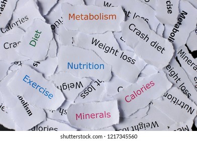 Concept Of Written Paper With Words Nutrition, Diet, Exercise, Minerals, Crash Diet, Metabolism