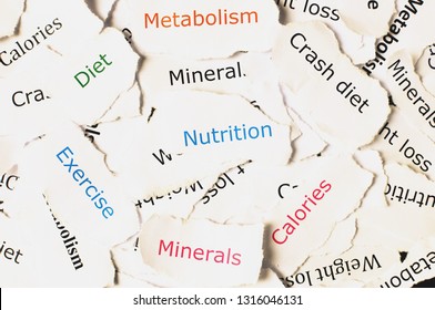 Concept Of Written Paper With Words Nutrition, Diet, Exercise, Minerals, Crash Diet, Metabolism. Filter Applied