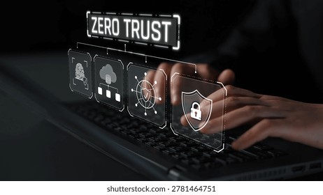 Concept of Zero Trust Security Model with Digital Icons Representing Cloud Computing, Data Protection, and Network Security in a Dark Environment Sigmoid
