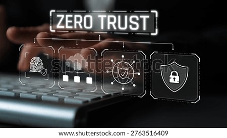 Concept of Zero Trust Security Model with Digital Icons Representing Identity Verification, Cloud Computing, Data Protection, and Network Security Sigmoid