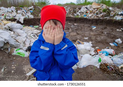 Conception - The Child Closes His Eyes In Horror So As Not To See Unauthorized Garbage Collection, Environmental Pollution, Violation Of The Law. Save The Planet For Our Children.